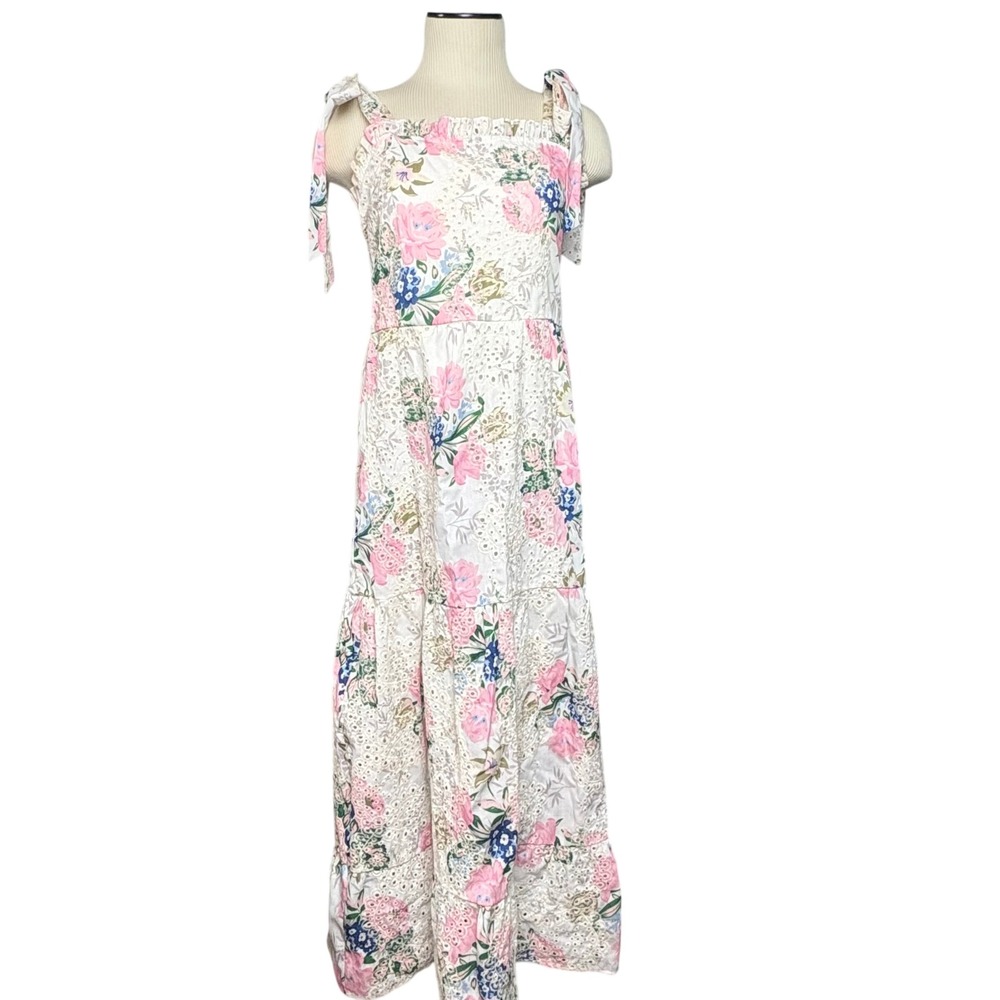 Sunday Up Floral Eyelet Maxi‎ Dress Tie Shoulder Cotton Cottagecore Boho Sz. M